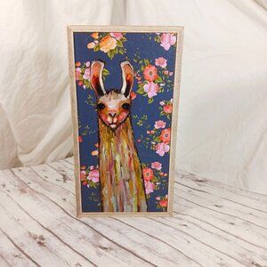 Baby Llama Mini Floral Canvas by Eli Halpin Rustic White Wood Frame 10x5" NWT